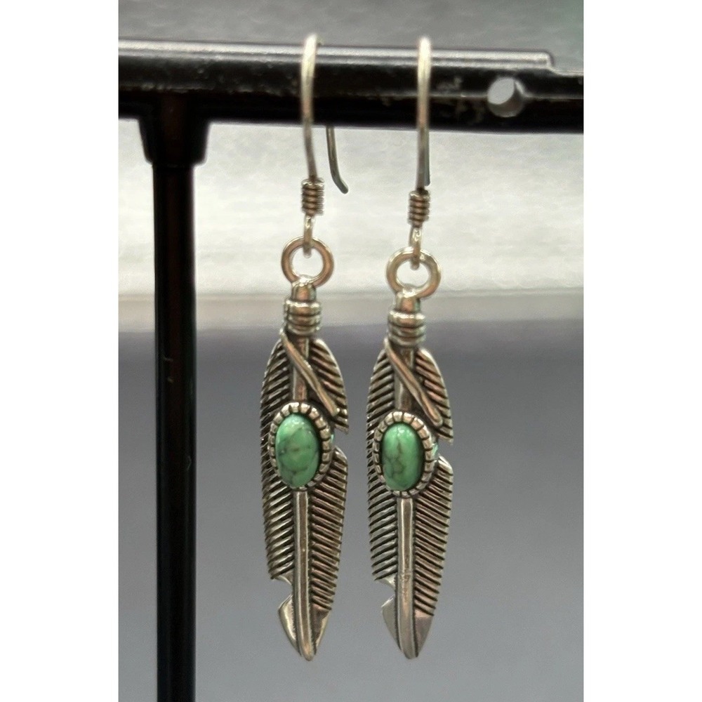 New Condition Sterling Silver Turquoise Feather Dangle Earrings 925 E18